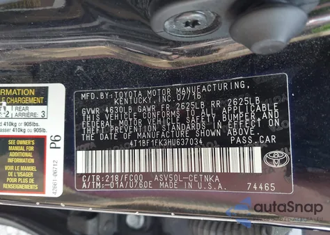 2017 Toyota Camry Le из США, поврежденный, VIN 4T1BF1FK3HU637034